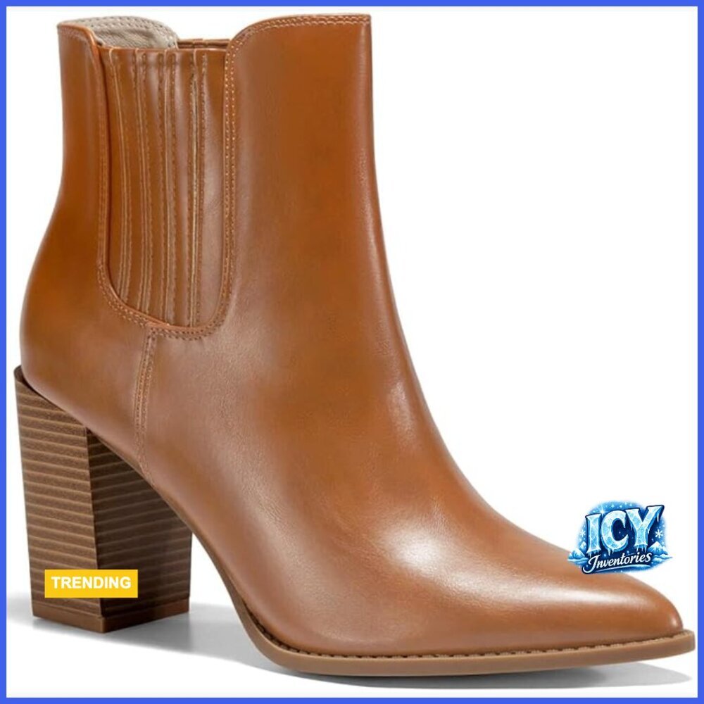 Faux Leather Pointed Toe Chelsea Ankle Boots with Stacked Heel